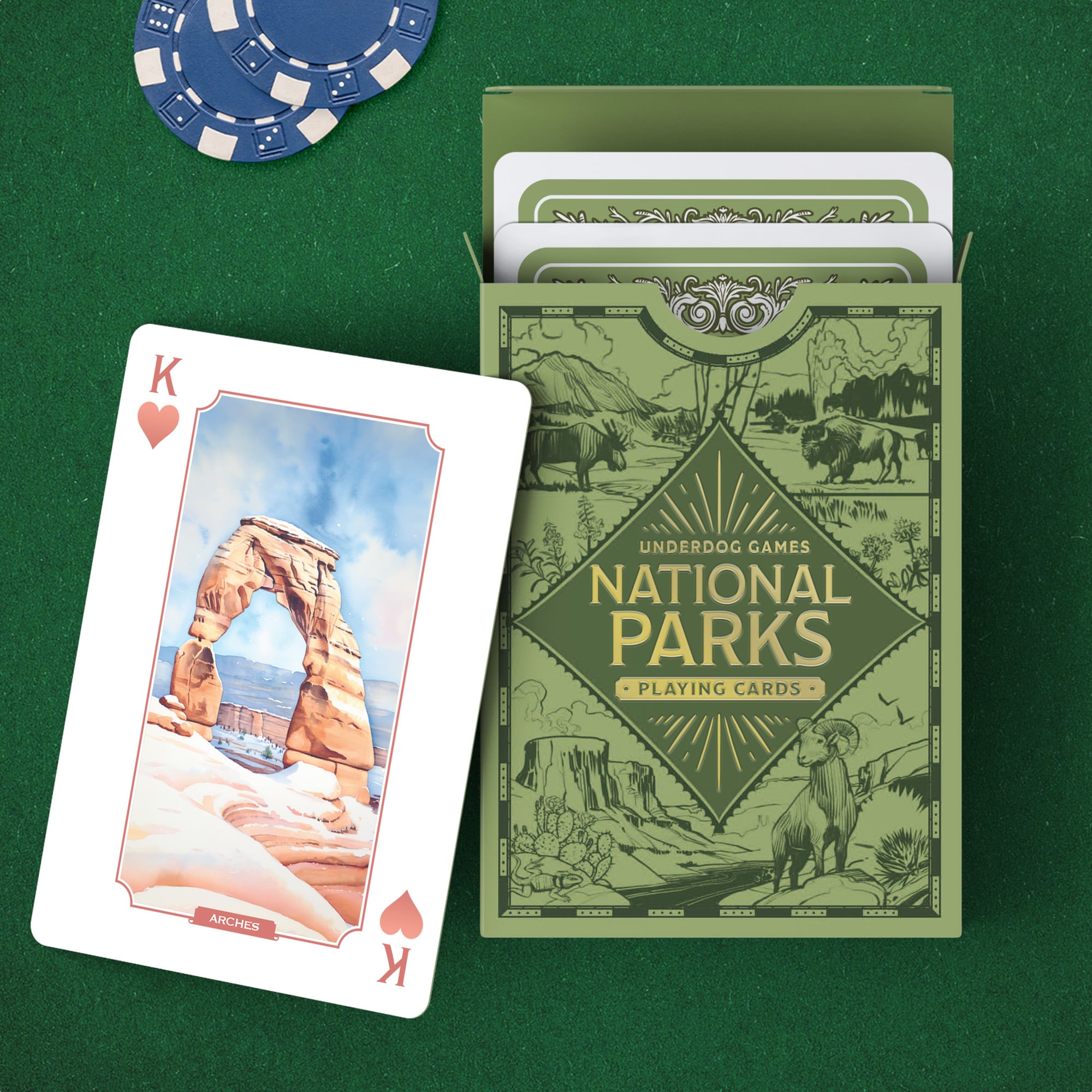 Board game 'Trekking the National Parks' with map, game pieces, cards, and a bag of tokens.
