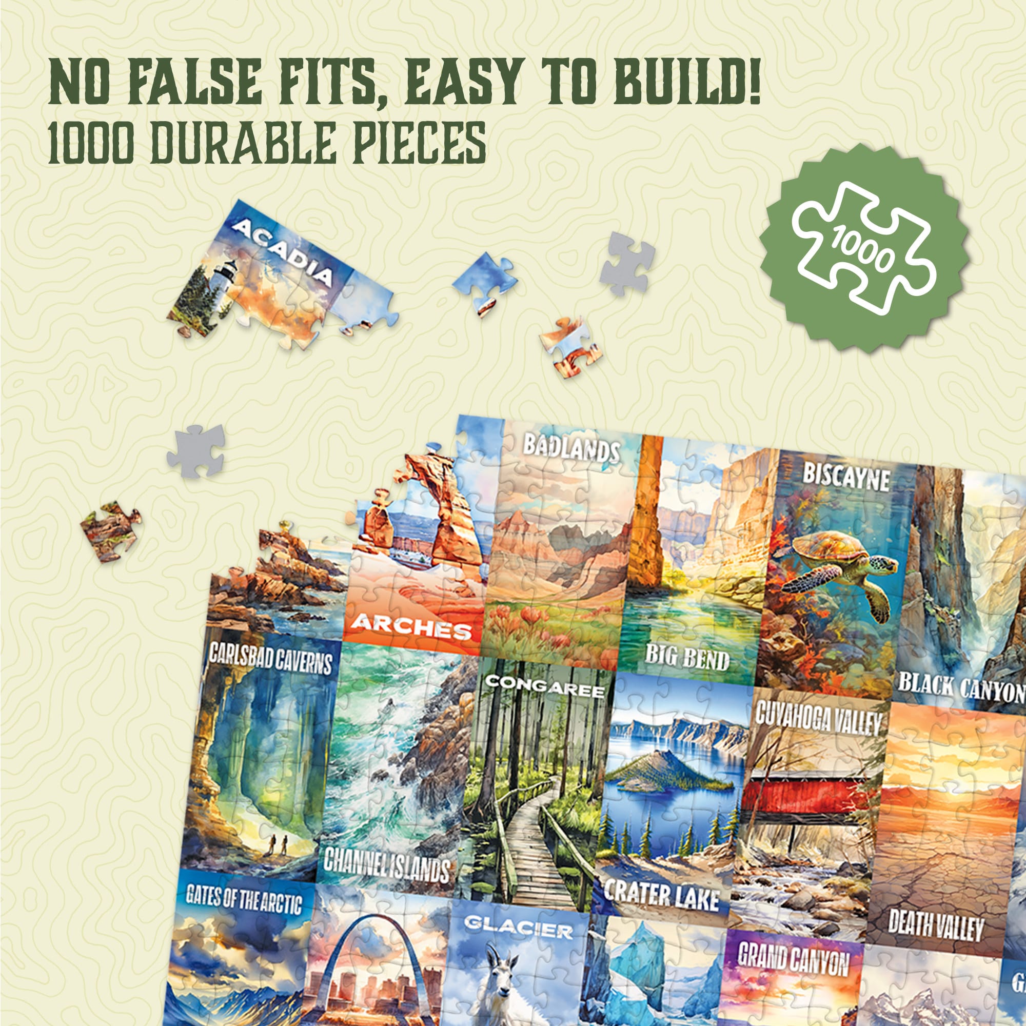 Board game 'Trekking the National Parks' with map, game pieces, cards, and a bag of tokens.