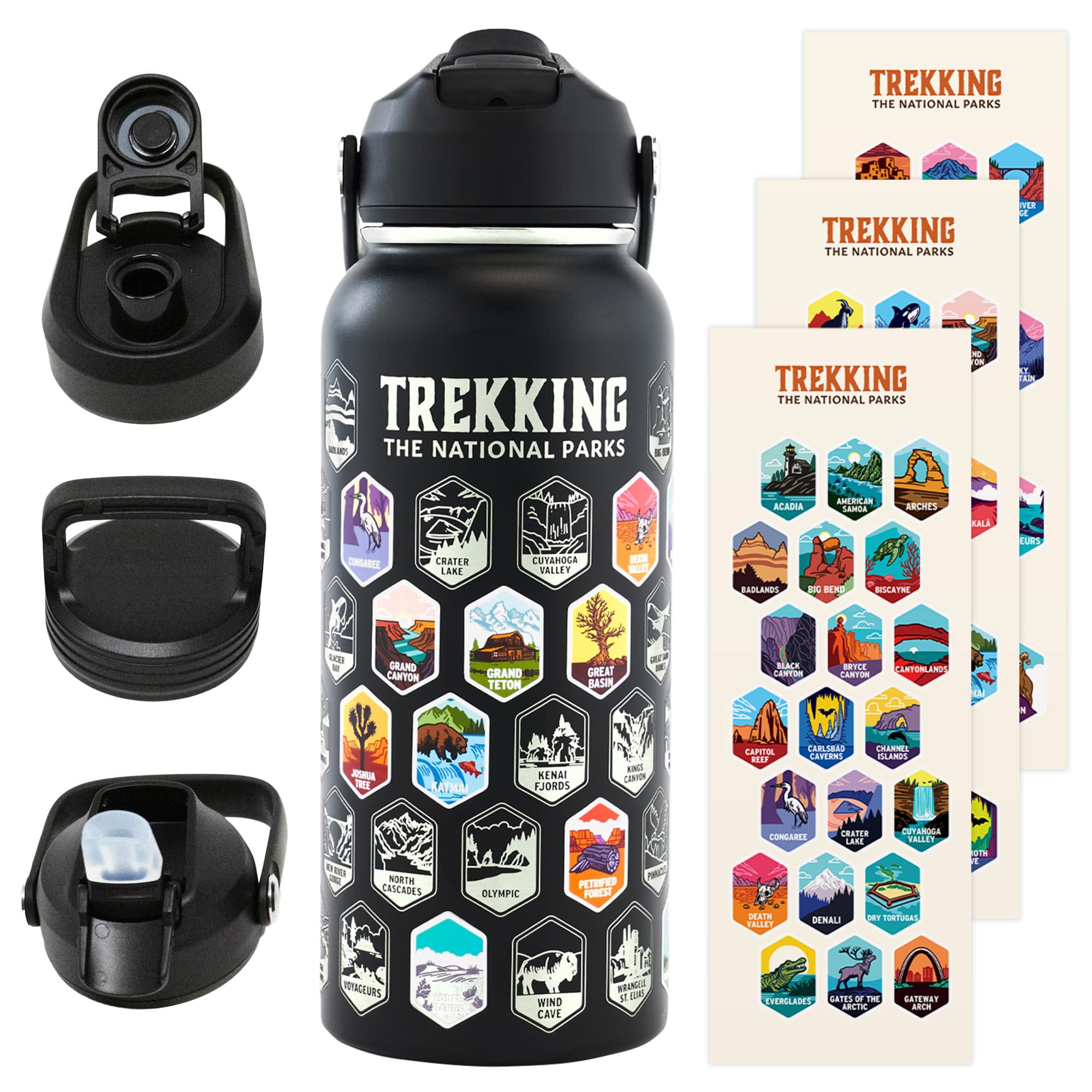 'Trekking water bottle with national park stickers and various lid options.'