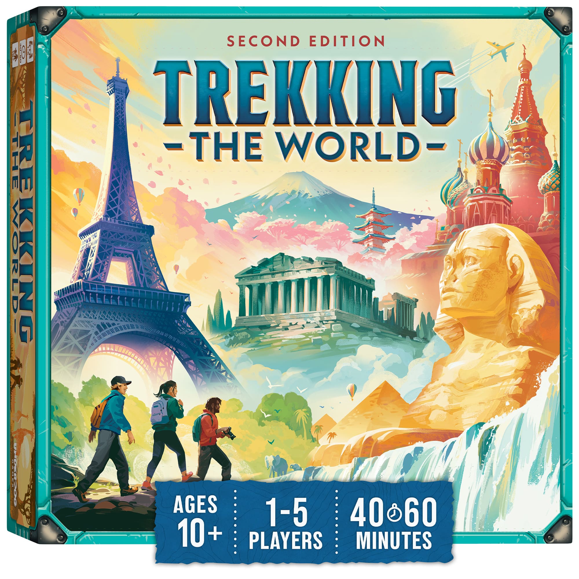 'Trekking the World' board game box featuring famous global landmarks.