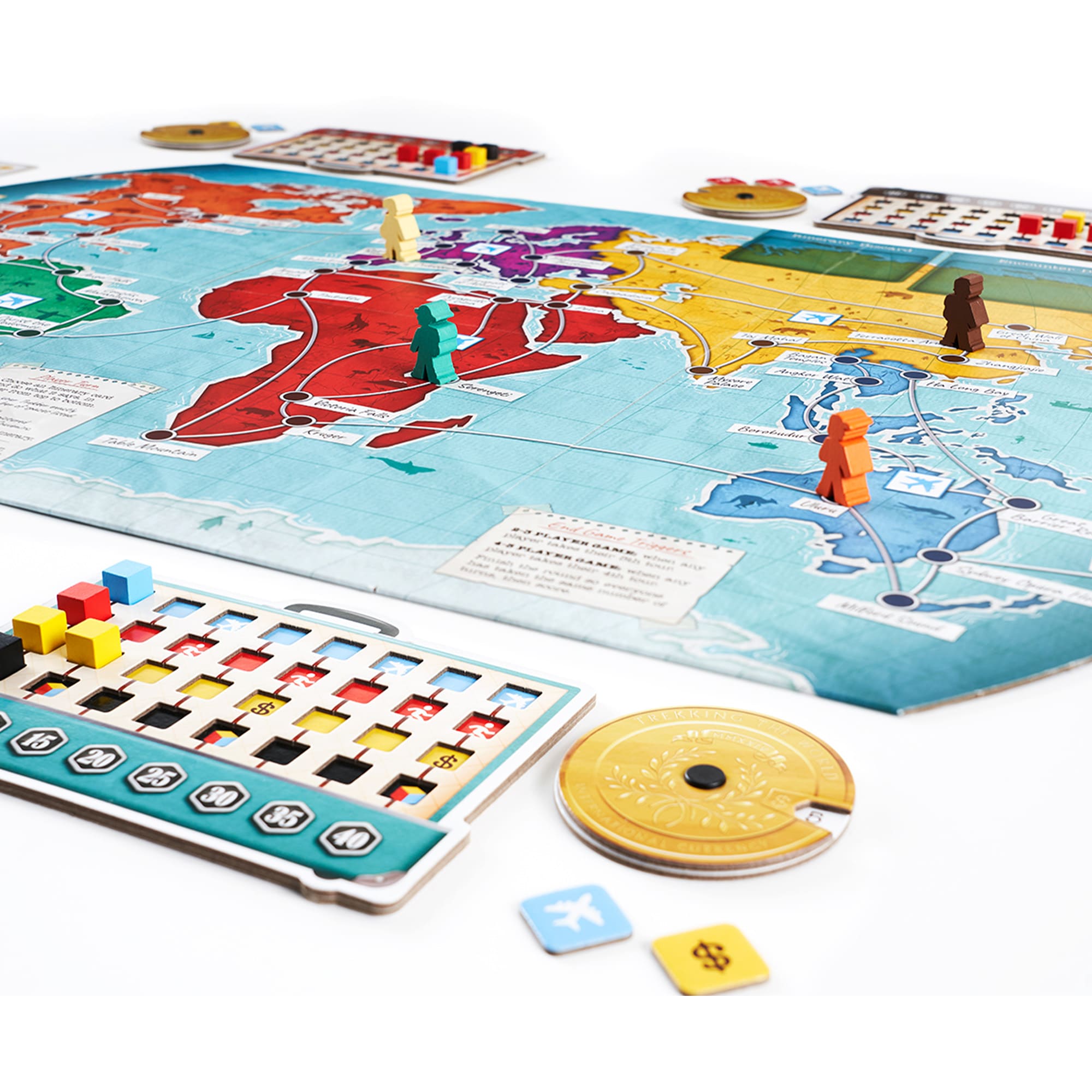 Colorful board game map with player tokens and scoring trackers.