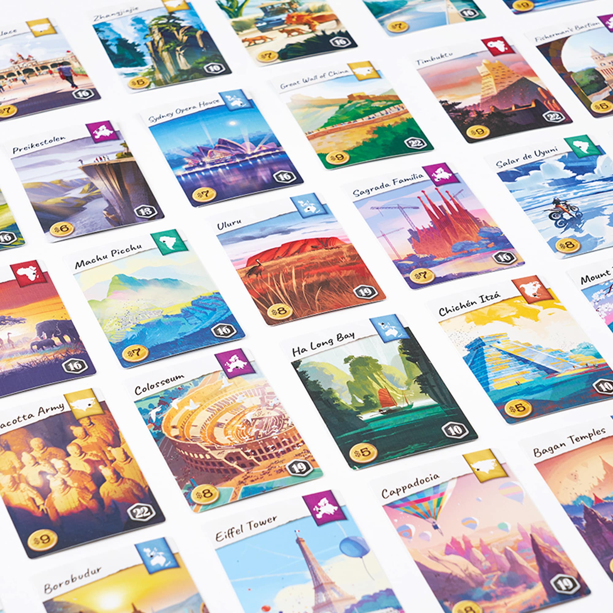 Colorful cards depicting various world landmarks in a grid layout.