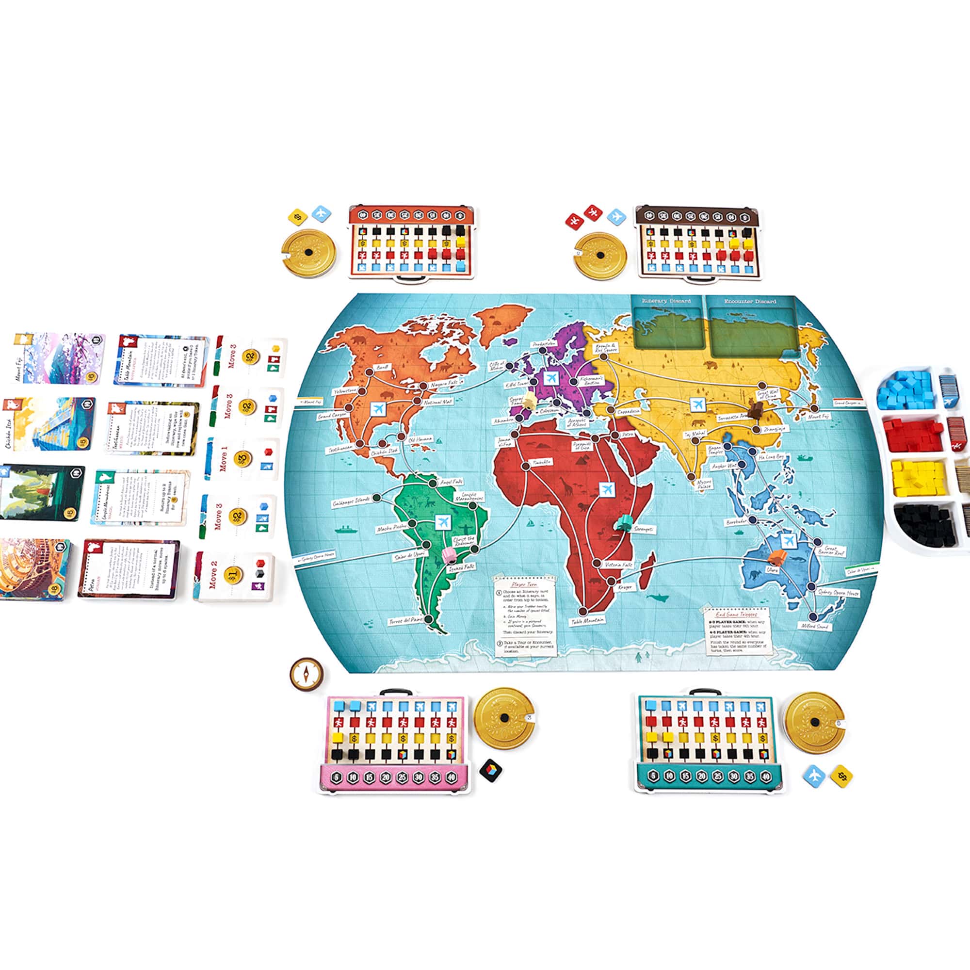 Colorful board game setup with a world map, cards, and player pieces.