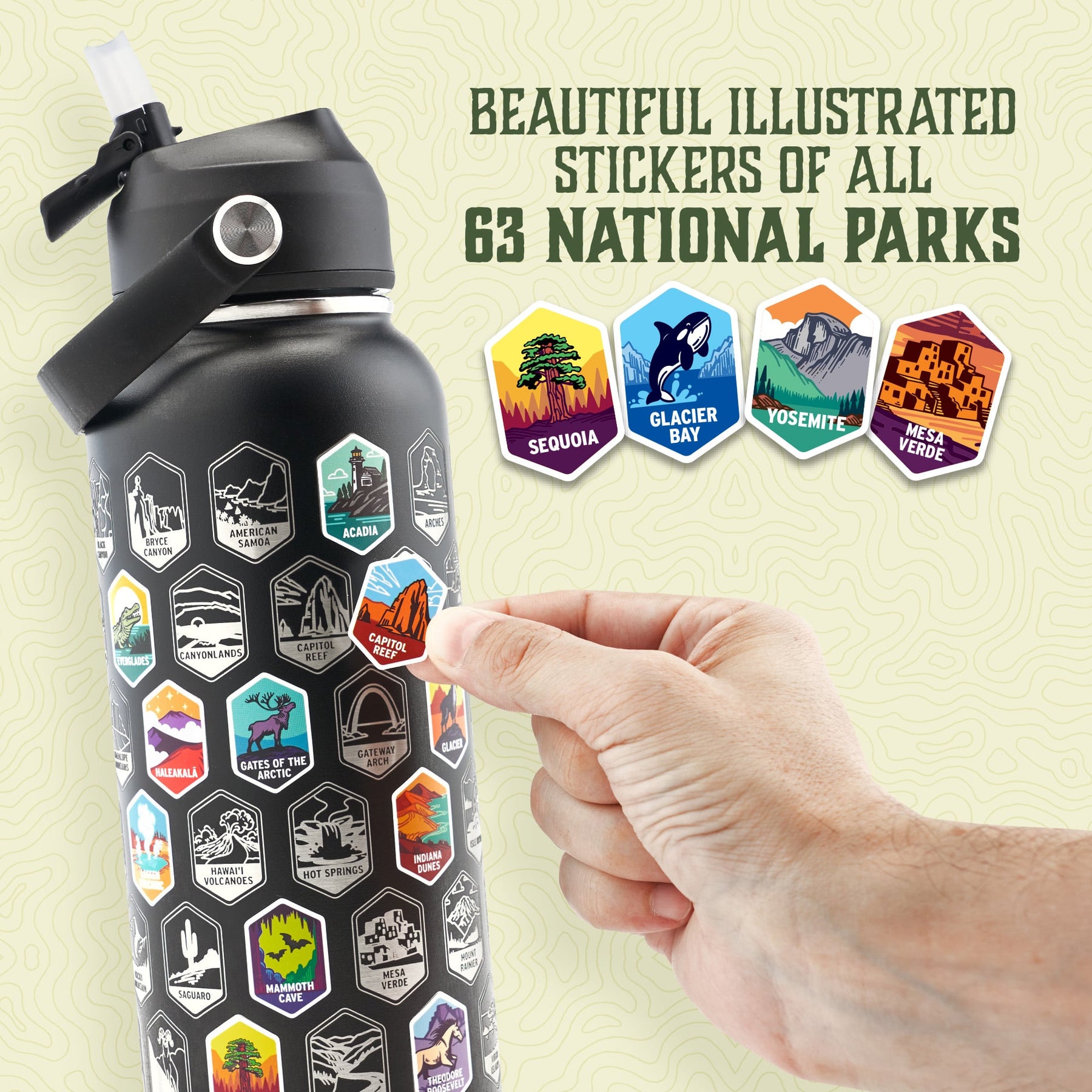Water bottle with National Parks stickers, included stickers sheets, and interchangeable lids.