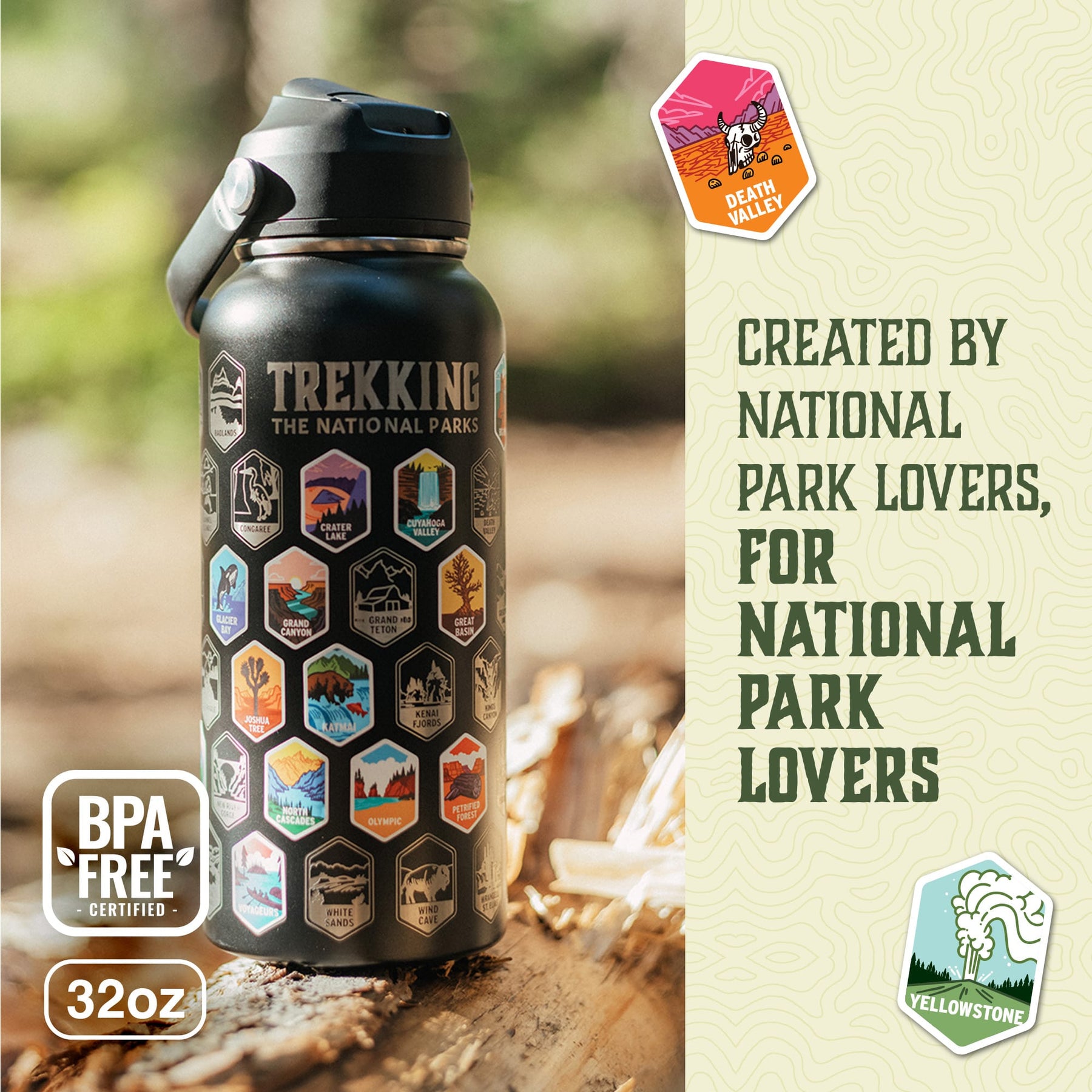 Water bottle with National Parks stickers, included stickers sheets, and interchangeable lids.
